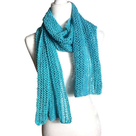 Hand Knitted Scarf Blue Turquoise Open Knit 73" Cotton Spring Bright Womens - Picture 1 of 6